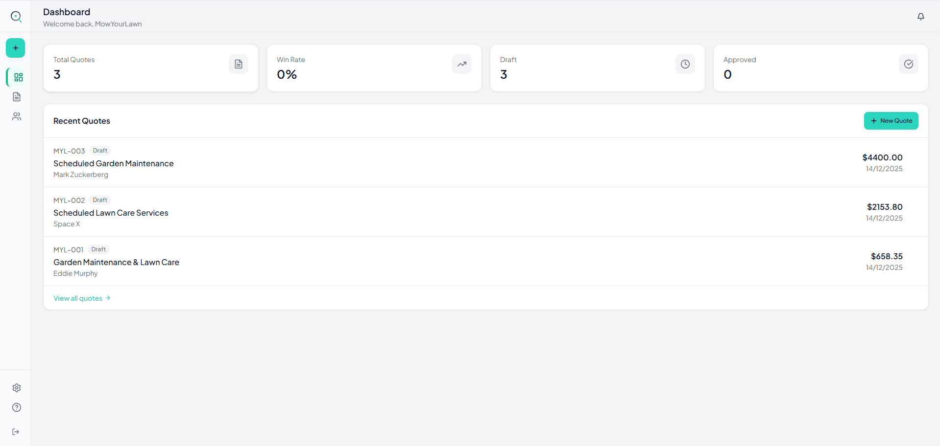 Quotra dashboard showing quote creation and management